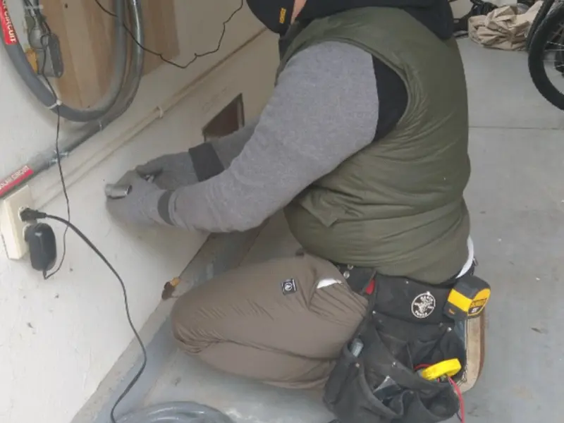 Electrician performing outlet wiring in a Kingston garage